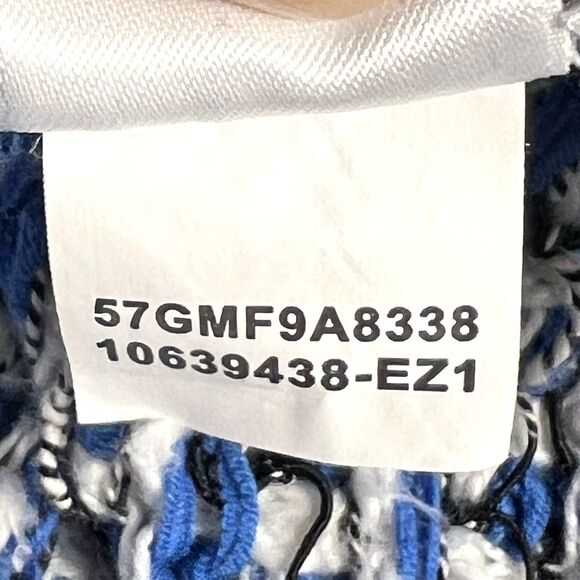 Kasper Sz L Open Cardigan Sweater Cabana Blue White Black Seed Stitch Fringe - Picture 8 of 12